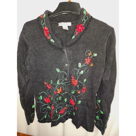 Sweaters - Arriviste Christmas Sweater Black‎ Poinsettias Beads cardigan